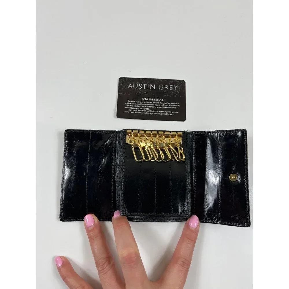 Austin Grey Geniune Eelskin Trifold Keyholder Snap Wallet Black Unisex